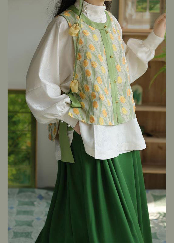 Chinese Style Green Button Lace Up Patchwork Three Piece Set Fall