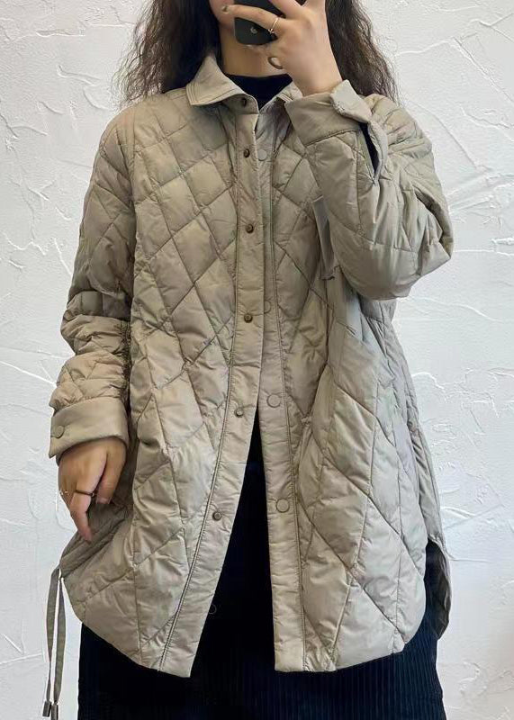 Grey Peter Pan Collar Lace Up Patchwork Duck Down Coat Winter