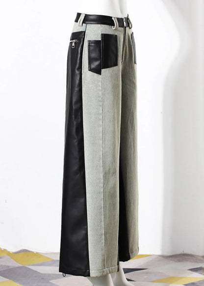 Pockets Faux Leather Patchwork Denim Wide Leg Pants Fall