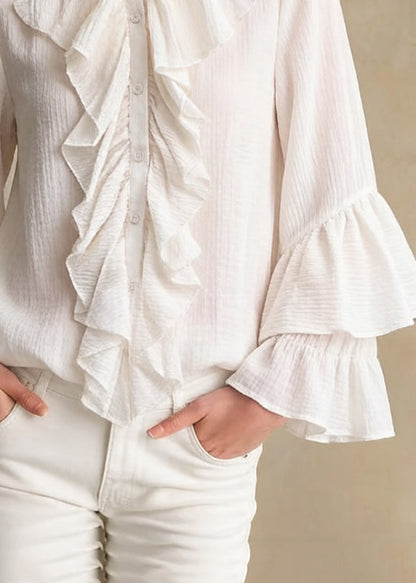 Apricot Stand Collar Ruffled Button Cotton Shirt Spring