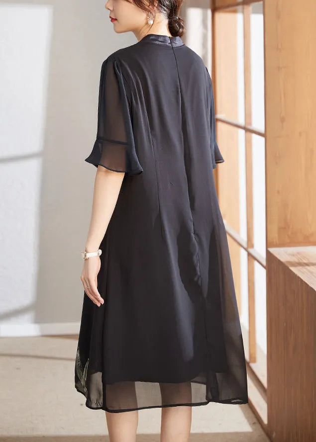 French Navy Print False Chiffon Two Pieces Dress Half Sleeve