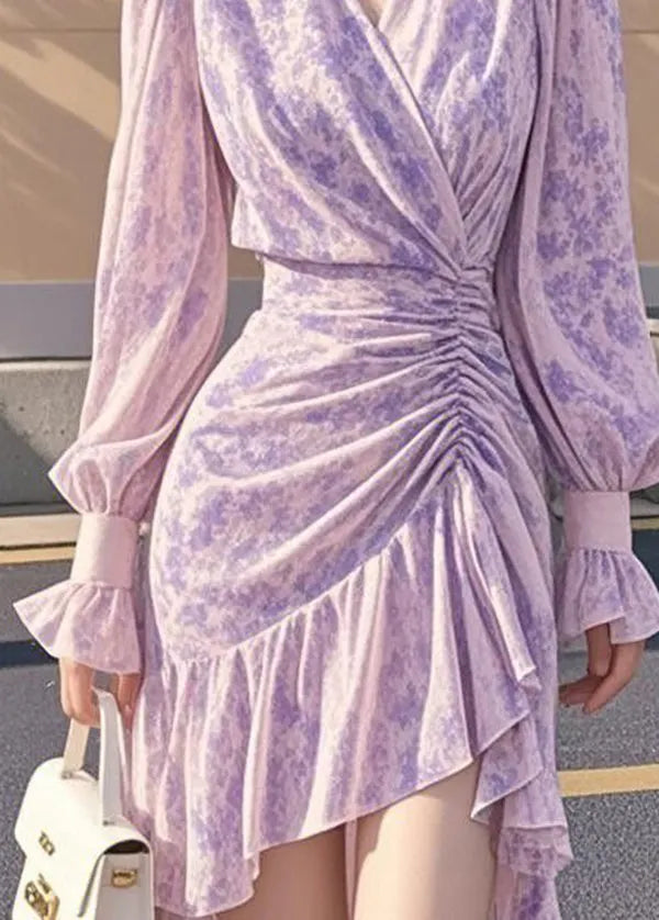 French Purple Ruffled Cinched Asymmetrical Chiffon Dress Fall