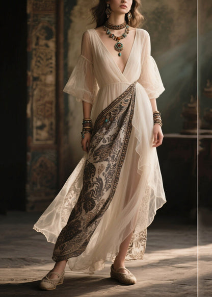 White V Neck Patchwork Chiffon Holiday Dress Summer