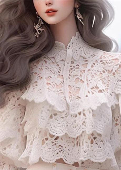 Stylish White Hollow Out Shirts and Shorts Cotton Two Piece Set Half Sleeve
