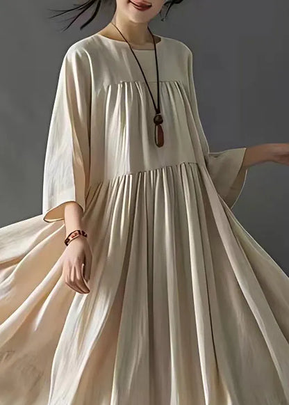 Art Beige Wrinkled Cotton Long Dresses Bracelet Sleeve