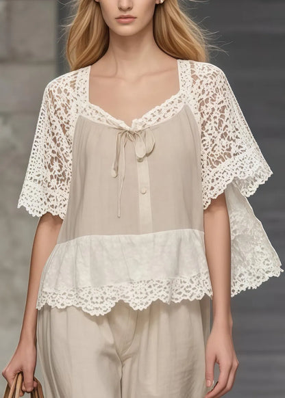 Fine Khaki Square Collar Lace Patchwork Hollow Out Two Pieces Set Summer
