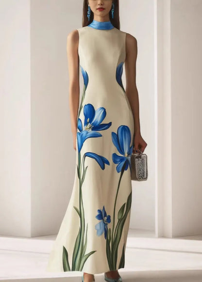 Stylish Apricot Turtleneck Print Slim Maxi Dresses Sleeveless