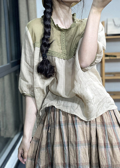 Apricot O-neck Lace Patchwork Linen Top Half Sleeve