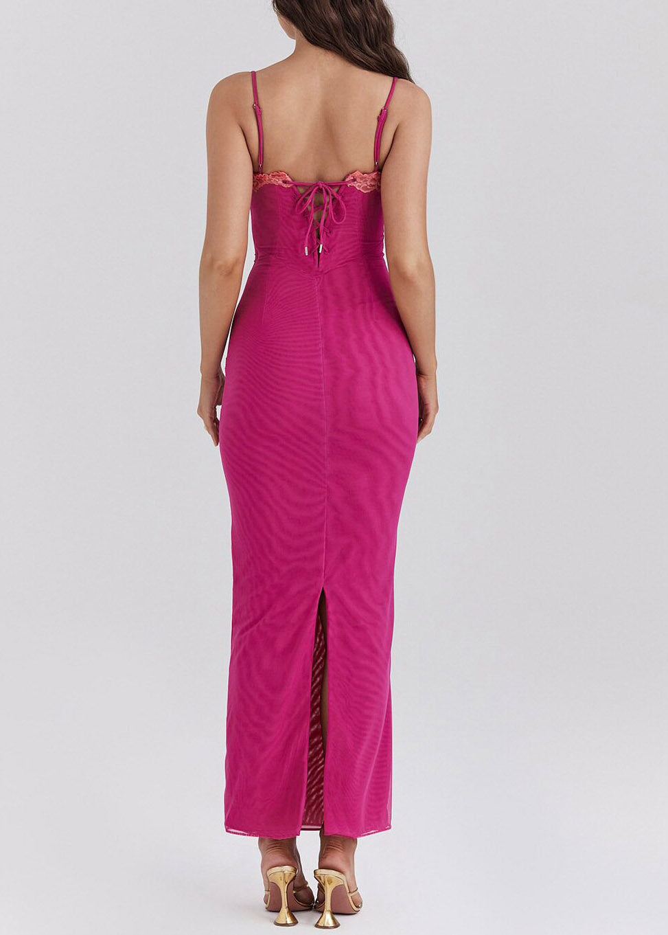Italian Rose Side Open Tulle Maxi Spaghetti Strap Dresses Sleeveless