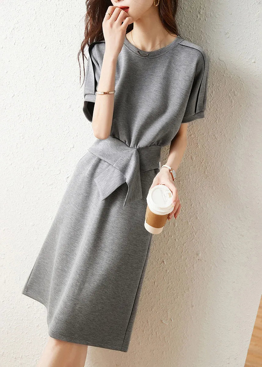 Grey O-neck Top and Skirts Two Piece Set Short Sleeve