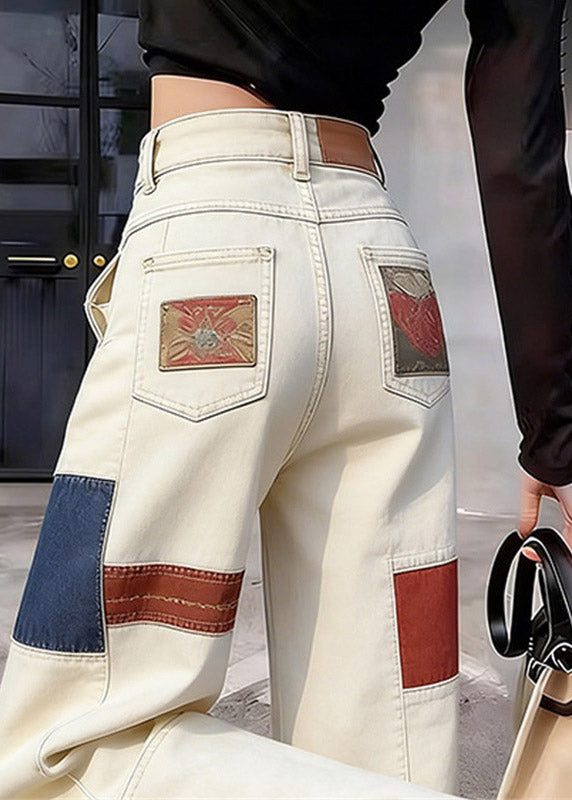 White High Waist Pockets Print Straight Jeans Summer
