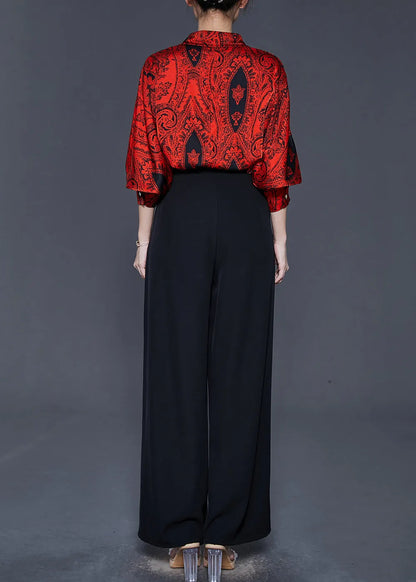 Red Peter Pan Collar Print Silk Two Pieces Set Spring