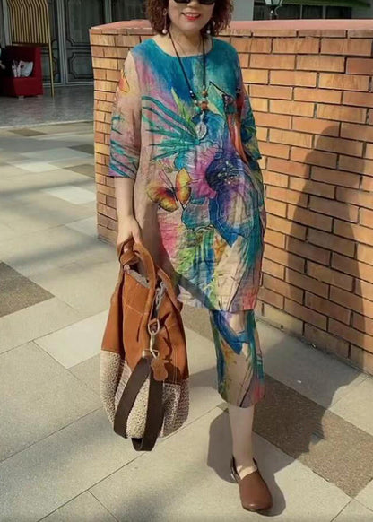 French Blue O-neck Butterfly Print Linen Two Piece Suit Set Half Sleeve