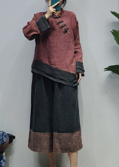 Style Red Stand Collar Asymmetrical Patchwork Linen Shirt Top Long Sleeve