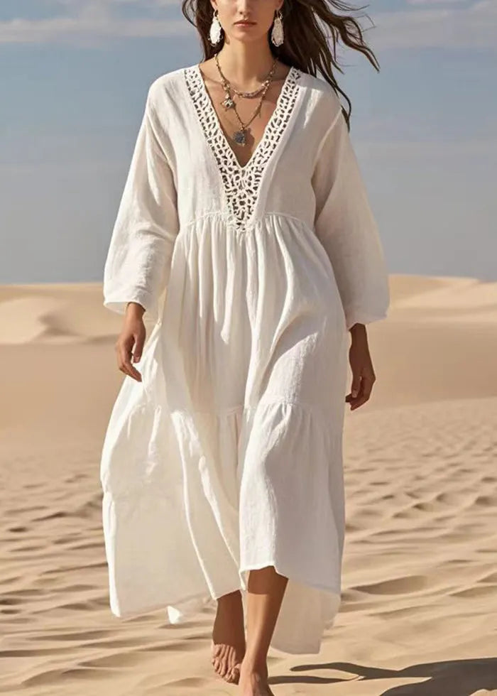 French White Oversized Hollow Out Cotton Long Dresses Fall