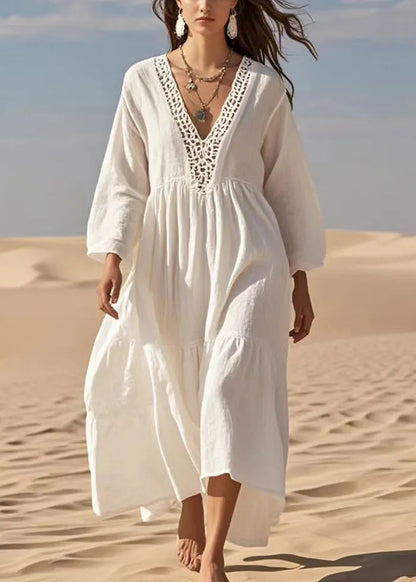 French White Oversized Hollow Out Cotton Long Dresses Fall
