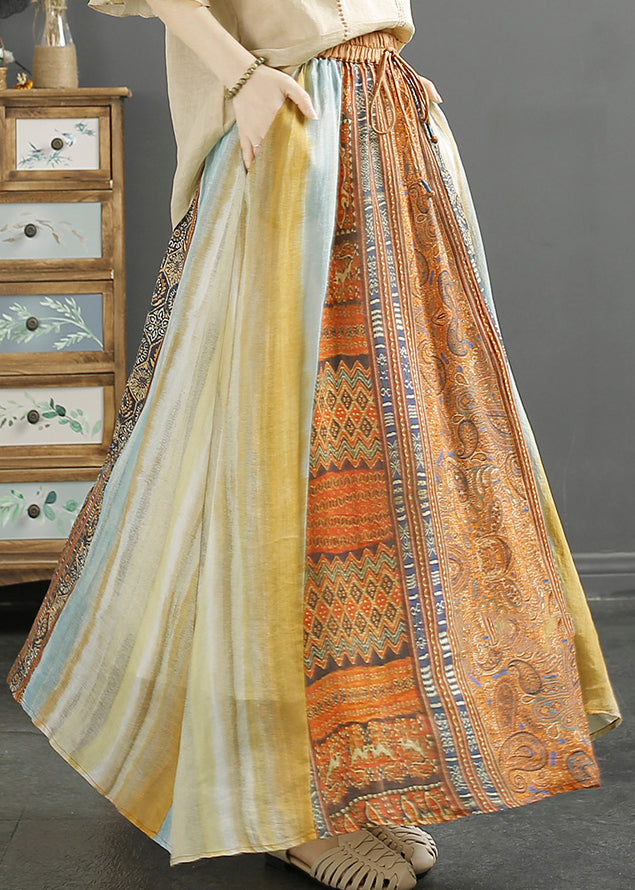 Classy Orange Print Patchwork Linen a Line Skirt Spring