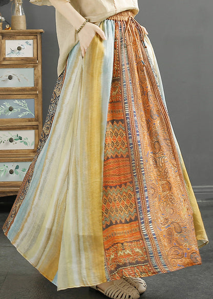 Classy Orange Print Patchwork Linen a Line Skirt Spring