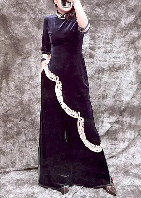 Blue Stand Collar Embroideried Asymmetrical Top and Wide Leg Pants Silk Velour Two Piece Set Spring