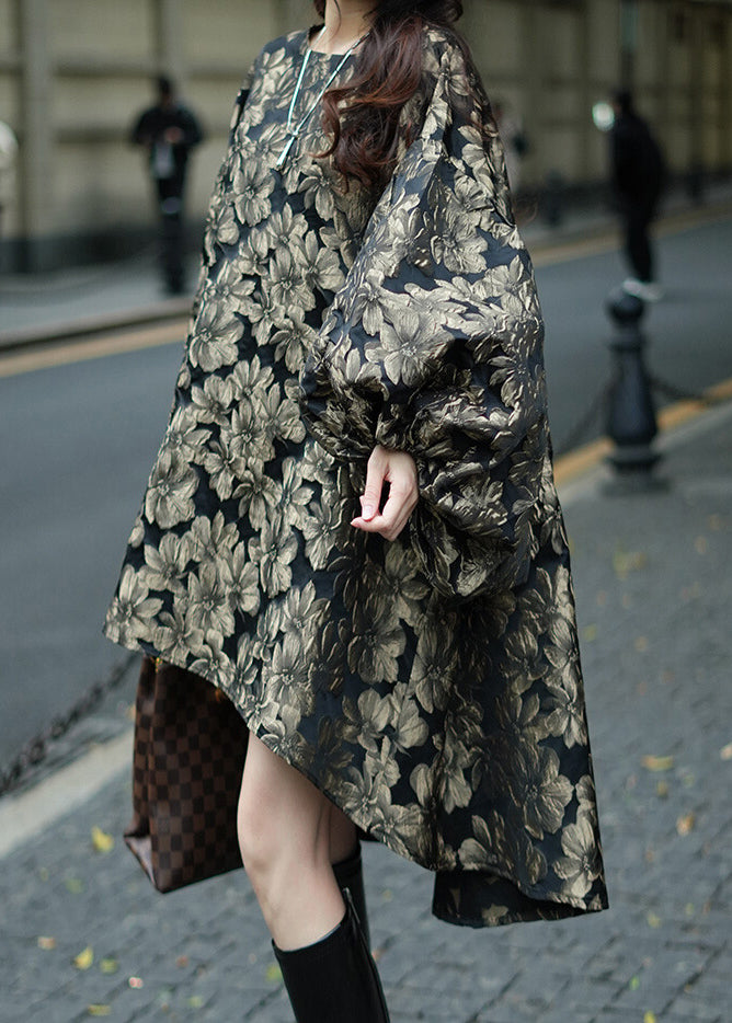 Unique Brown O-neck Print Low High Design Vacation Long Dresses Fall