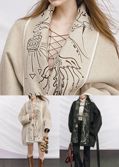 Beige Embroidered Tie Waist Woolen Coats Winter