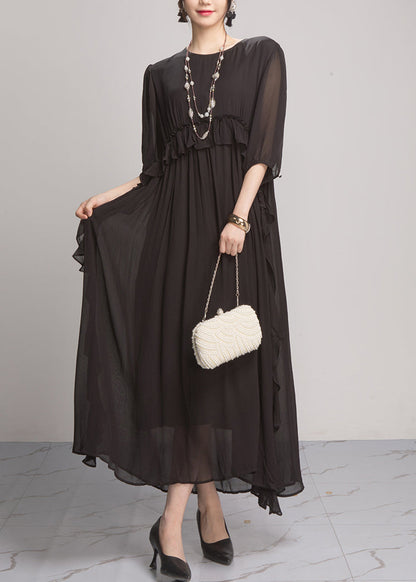 Handmade Green O-neck Ruffled Wrinkled Vacation Chiffon Maxi Dresses Lantern Sleeve