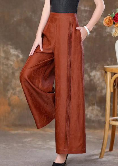 Jacquard Brick Red Pockets High Waist Silk Velour Pants Spring