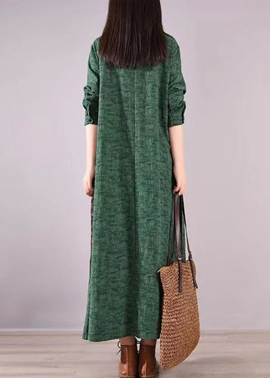 Green Stand Collar Print Patchwork Cotton Shirts Dresses Fall