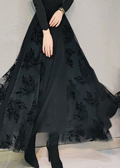 Black High Waist Draping Tulle Maxi Skirt Spring