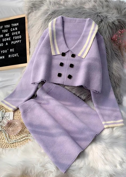 French Pink Knitted Suit New Short Sweater Pullover Skirt Two Piece Set in Early Autumn