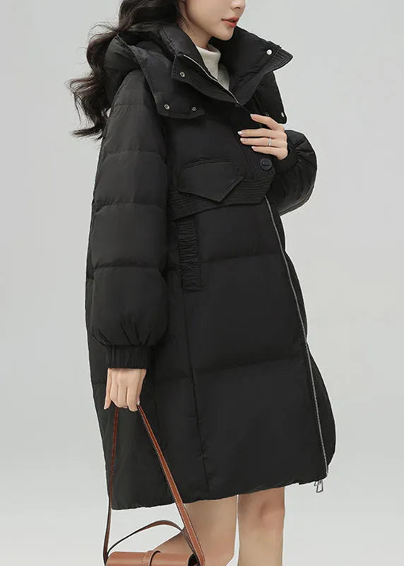 Black Zippered Pockets Patchwork Duck Down Coat Winter