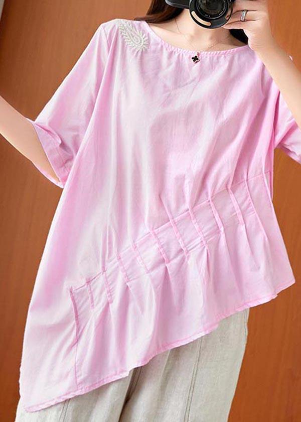 Unique Pink Asymmetrical Design Linen Summer Top