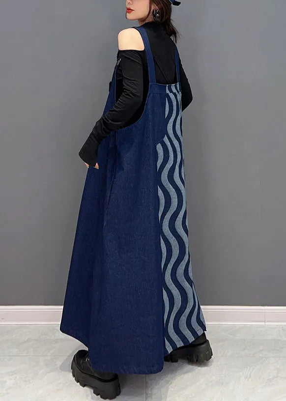 Blue Patchwork Cotton Denim Strap Dresses Spring