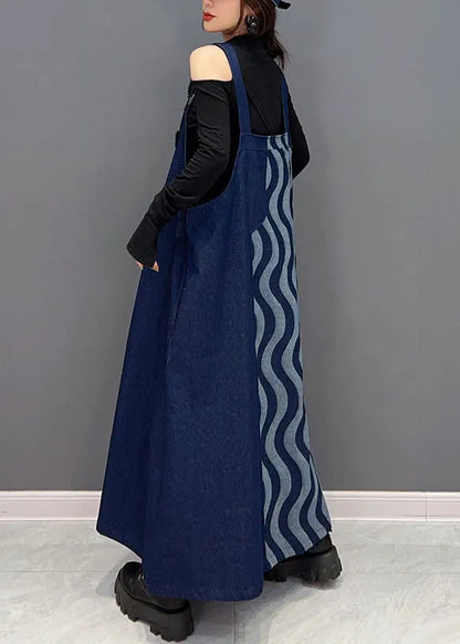 Blue Patchwork Cotton Denim Strap Dresses Spring