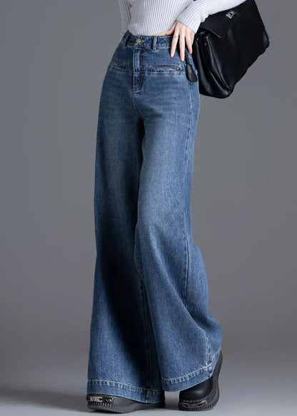 Silm Fit Blue High Waist Patchwork Denim Straight Pants Spring