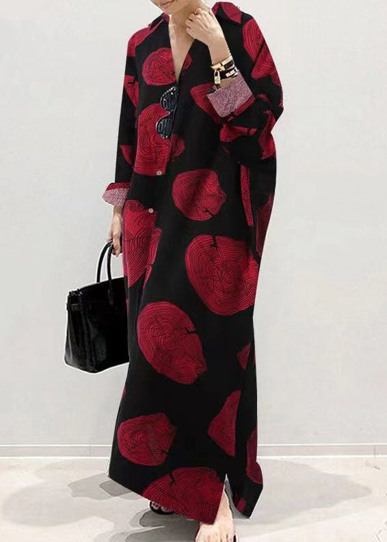 Printing Loose Long Sleeve Button Maxi Shirt Dress With Pocket