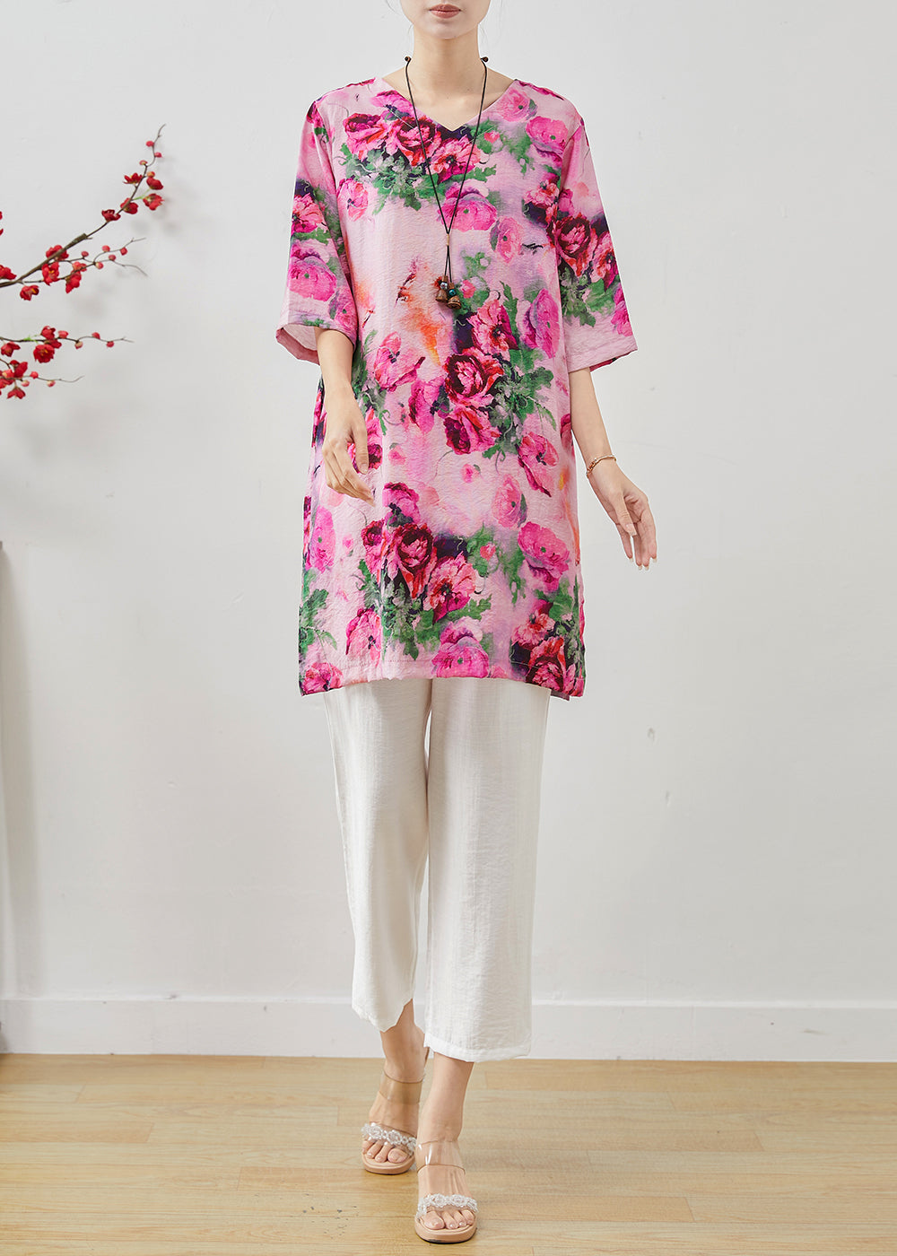 Rose Oversized Print Linen Two Pieces Set Summer