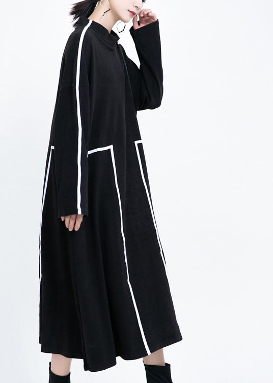 French Black Retro Patchwork Fall Long Dresses Long Sleeve