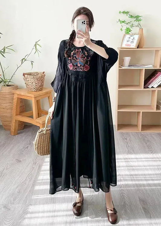 Loose Black O Neck Print Patchwork Silk Dress Summer