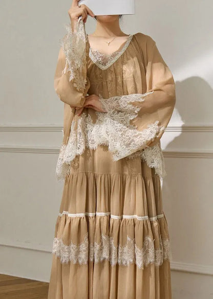 French Apricot Lace Patchwork Top and Maxi Skirts Two Pieces Set Flare Sleeve