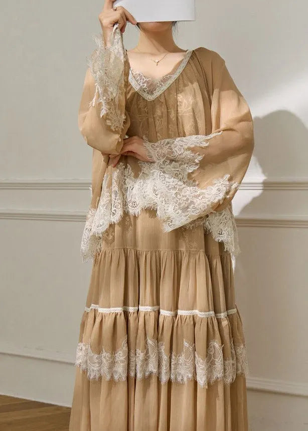French Apricot Lace Patchwork Top and Maxi Skirts Two Pieces Set Flare Sleeve