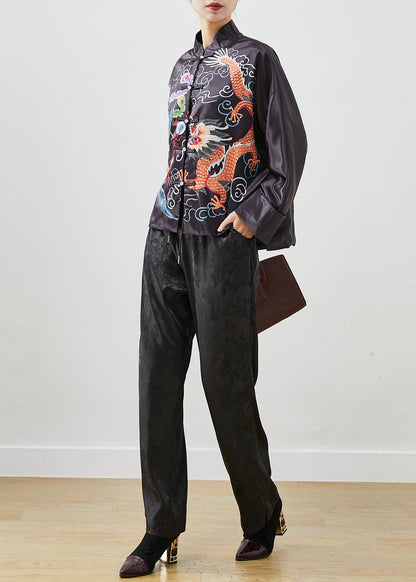 Black Embroideried Silk Chinese Style Two Piece Set Outfits Fall