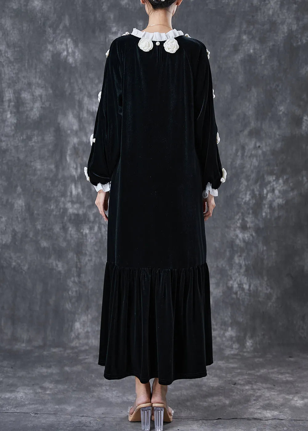 Modern Black Lace Up Silk Velour Maxi Dress Spring