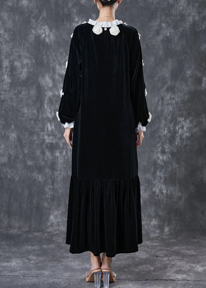 Modern Black Lace Up Silk Velour Maxi Dress Spring