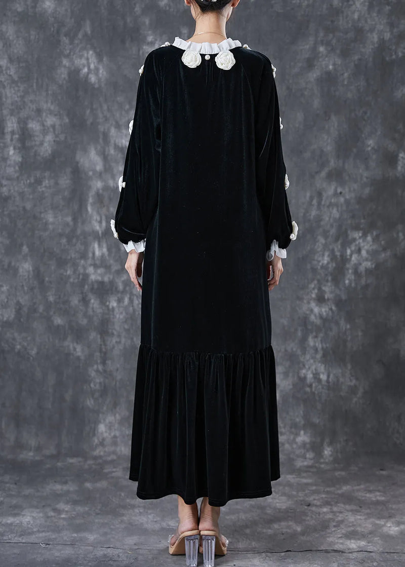 Modern Black Lace Up Silk Velour Maxi Dress Spring