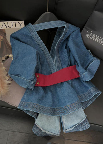 Blue V Neck Bow Tunic Denim Shirt Tops Short Sleeve