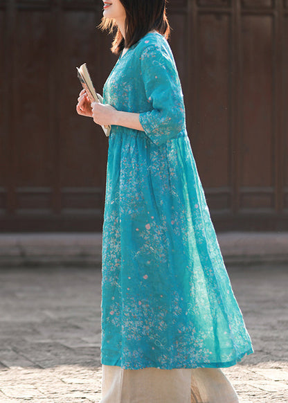 Blue V Neck Tie Waist Print Linen Dress Half Sleeve