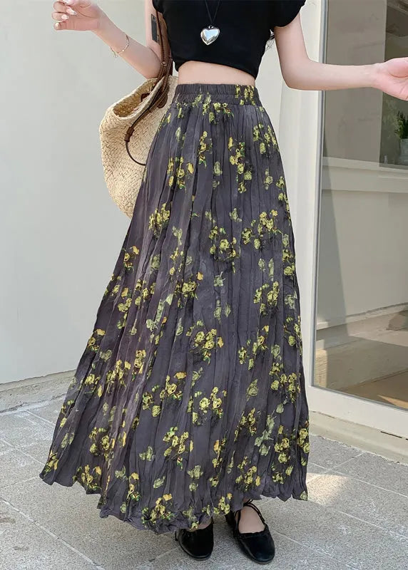 Print Wrinkled Elastic Waist Cotton Skirt Fall