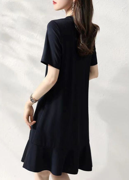 Navy O Neck Ruffled Patchwork Cotton Dresses Summer