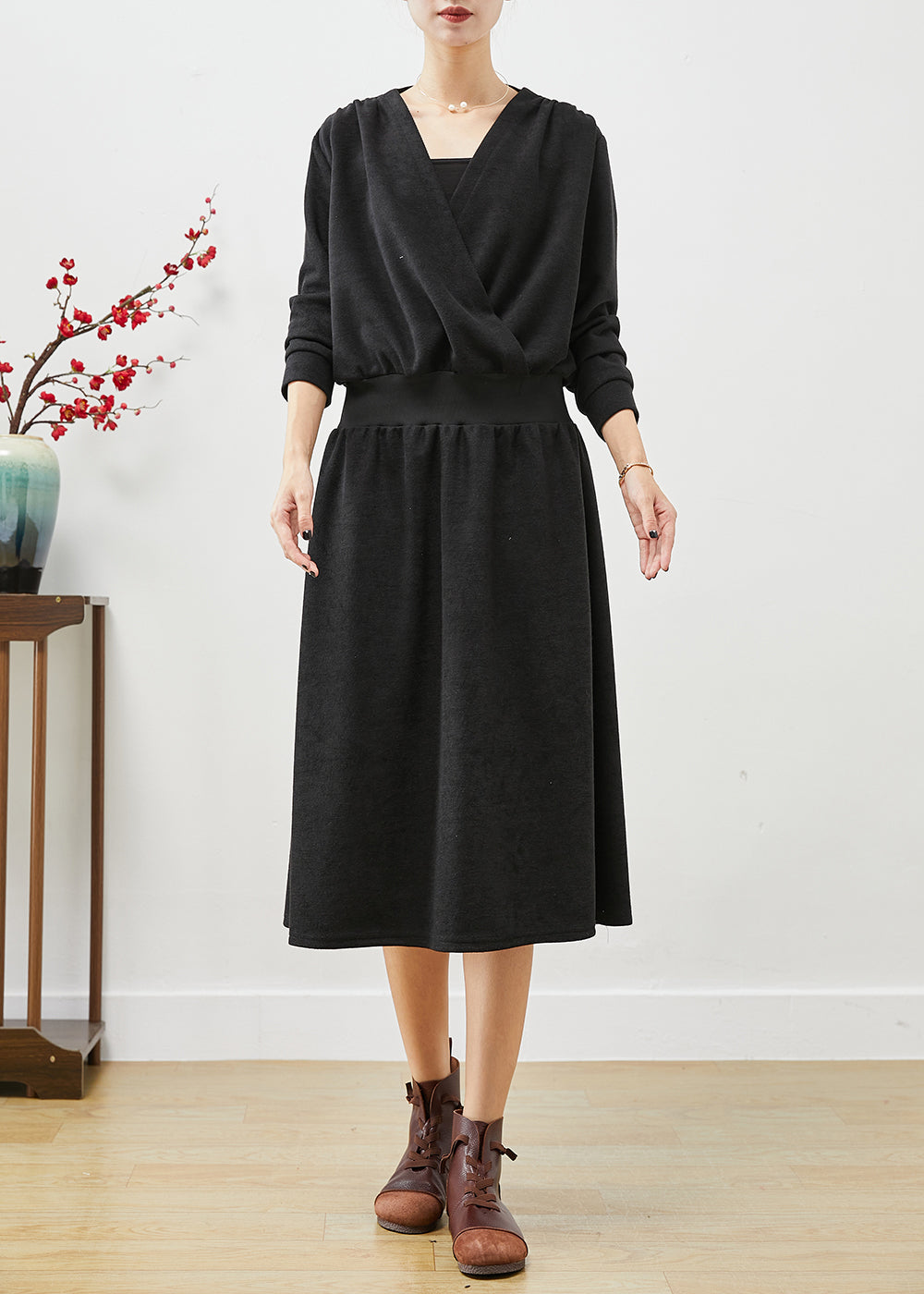 Black V Neck Elastic Waist Cotton Sweatshirts Dress Fall